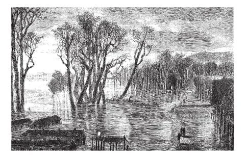 Flood barrier of Saint-Cloud during the winter of 1872-1873. - Drawing Sellie Stock Illustration
