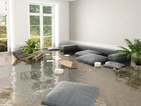 Flood in brand new apartment. 3d rendering Stock Illustration