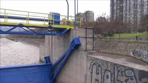 Flood control gate at Mapocho river in Santiago, Chile Stock Footage 76910178