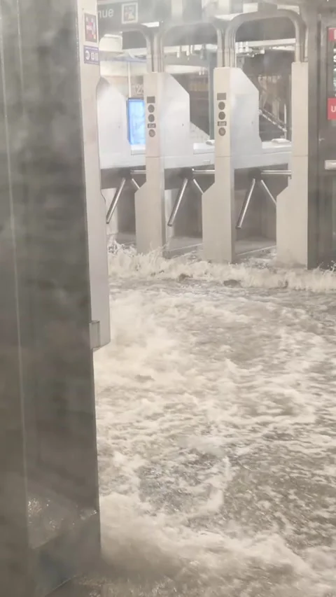 Flood Coverage at a New York Subway Station, New York City, New York, USA - 14 J Stock Footage 313626784