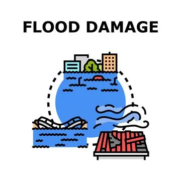Flood damage causing natural disaster and destruction concept Stock Illustration