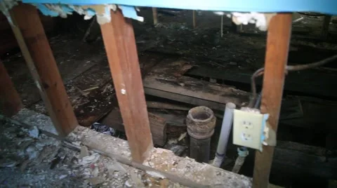 Flood Damaged Floor inside deconstructed - damaged house Stock Footage 45363791