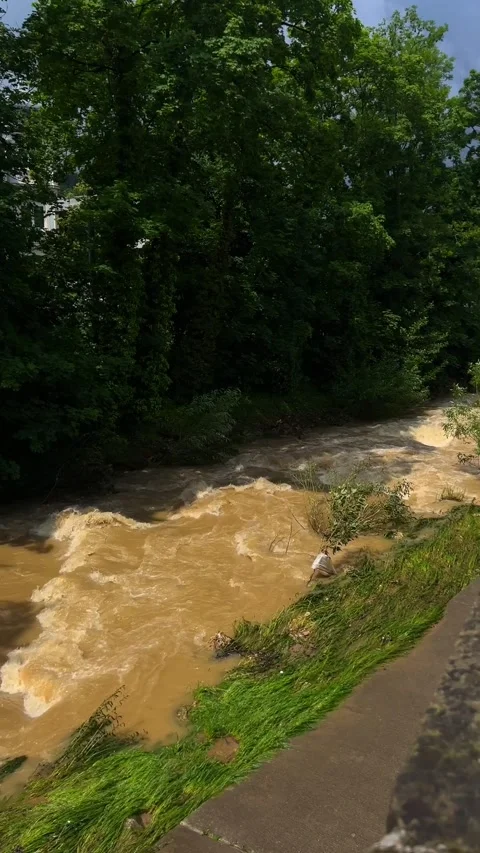 Flood due to heavy rainfall at the Germany, Schwabisch Gmund Video stock 276922828