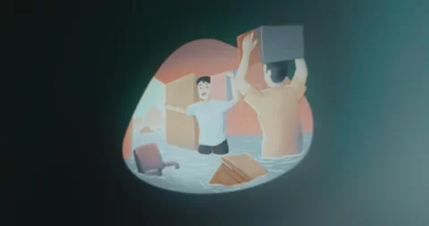 Flood inside a building, people evacuating their the belongings Stock Footage 314571683