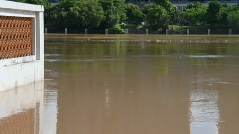 Flood with lots of man made trashes floating Stock Footage 132409987