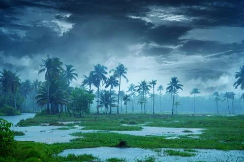Flood plain of beautiful river - Cloudy sky over beautiful flood plain landsc Stock Photos
