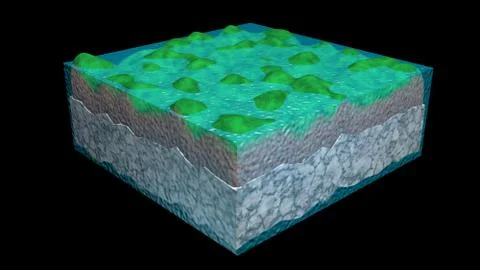 Flood plain, Water table rising and covering landscape. 3d render 库存插图