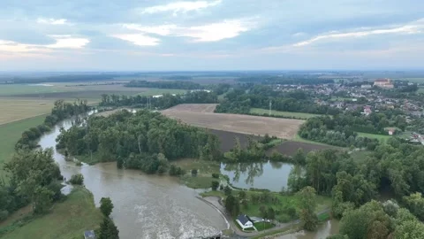 Flood river flooding start Morava water, drone aerial weir on Morava river Stock Footage 289393961
