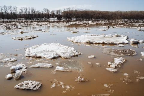 Flood on the river pieces of ice float on dirty water, flood, ice, spring mel Foto stock