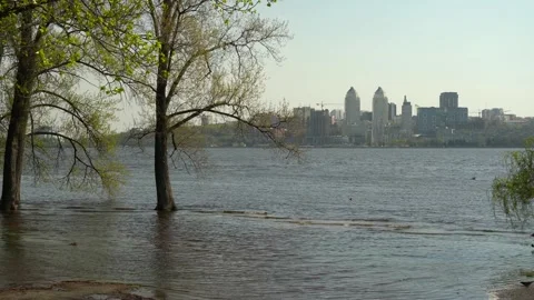 Flood river in spring time. Overflowed river bank in city. 스톡 동영상 239370825