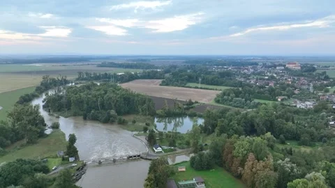 Flood start river flooding Morava water, drone aerial weir on Morava Stock Footage 290909597