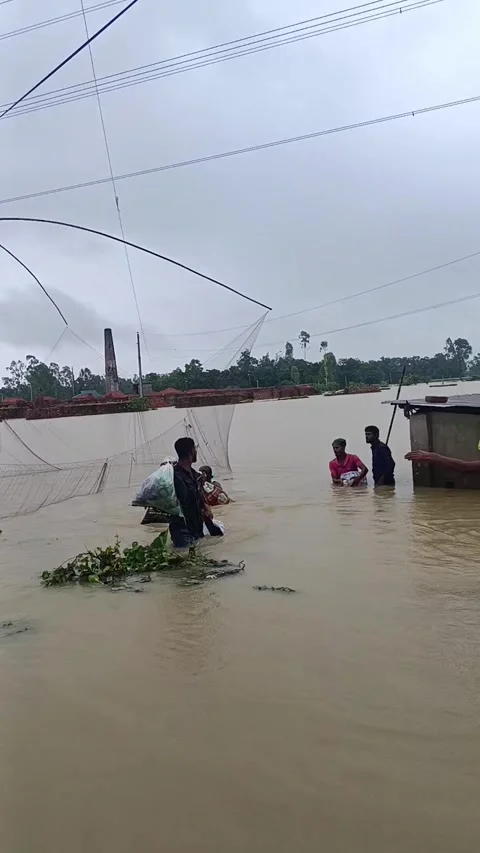 Flood victims wading through deep water to find shelter in Bangladesh Stock Footage 339198505