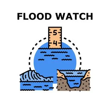 Flood watch warning water flow level rising Stock Illustration