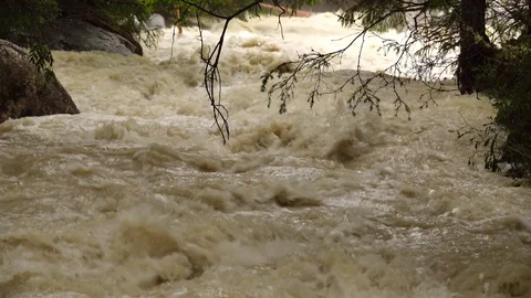 Flood on the wild mountain stream. Stock Footage 94175669