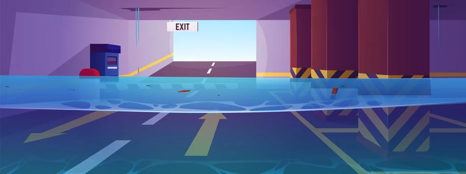 Flooded abandoned underground parking vector flat illustration, overflow exit Stock Illustration