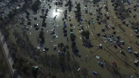Flooded buildings aerial view Stock Footage
