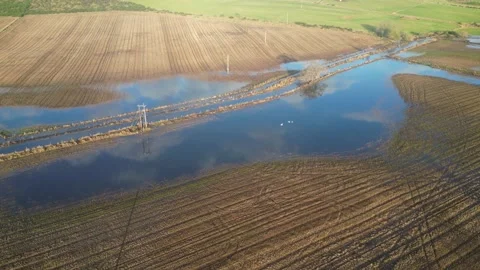 Flooded farm fields Mains of Drum Aberdeenshire. 13/12/2023 Video stock 302455136