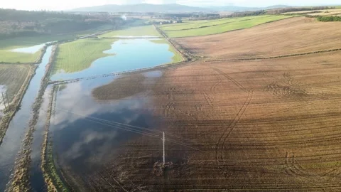 Flooded farm fields Mains of Drum Aberdeenshire. 13/12/2023 Stock Footage 302455256