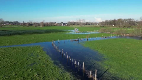 Flooded Fields Drone Aerial Rural Area Rainfall Water Green Grass Fence Wooden Stock Footage 231557478