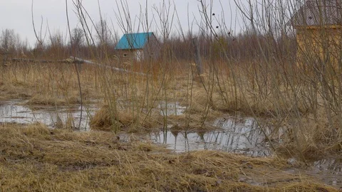 Flooded fields in the spring, abandoned housing in the countryside Stock Footage 125405080