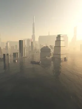 Flooded Future City in Mist Stock Illustration
