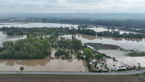 Flooded house river flood drone aerial after water consequences damaged raging Stock Footage 285136233