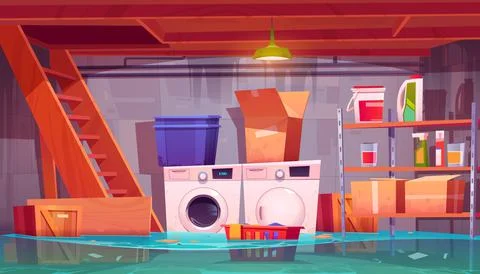 Flooded laundry in basement, water leakage at home Stock Illustration