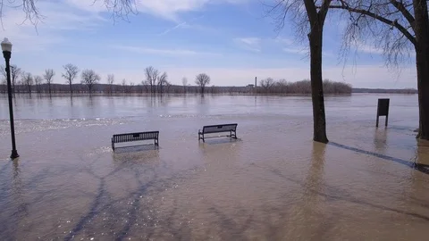 Flooded Park Benches Stock Footage 105421773