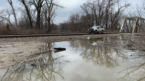 Flooded railroad bridge. Stock Footage 105426025