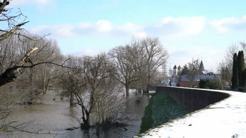 The flooded Rhine in Germany. The bank is almost flooded Stock Footage