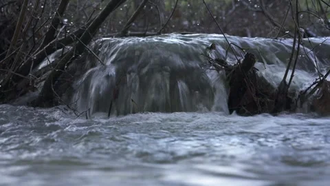 Flooded river with strong current and overflow Stock Footage 331036432
