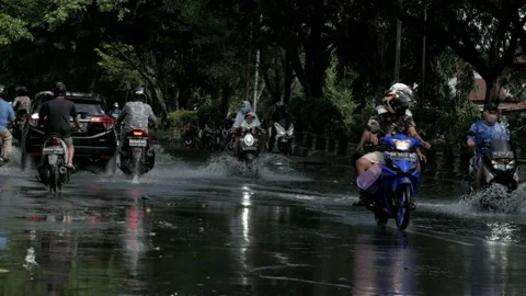 Flooded road during flood caused by torrential rains Stock Footage 132610912