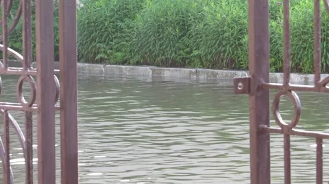 Flooded road view through the gate and the car rides Stock Footage 64352669