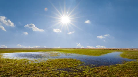Flooded spring prairie under a sparkle sun Stock Footage 256084748