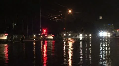 Flooded Street at Night Stock Footage 16786880