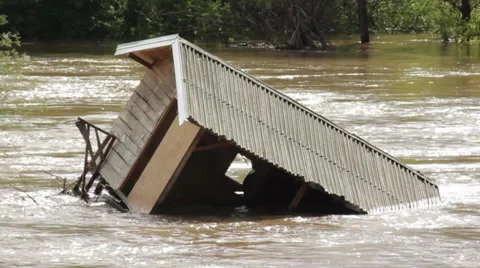 Flooded wooden house. Damaged hut. Ruined cottage after big storm and floods. Stock Footage 39010143