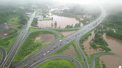 Flooding in Bedford, view highway interchange and standing water on the streets, Stock Footage 262809616