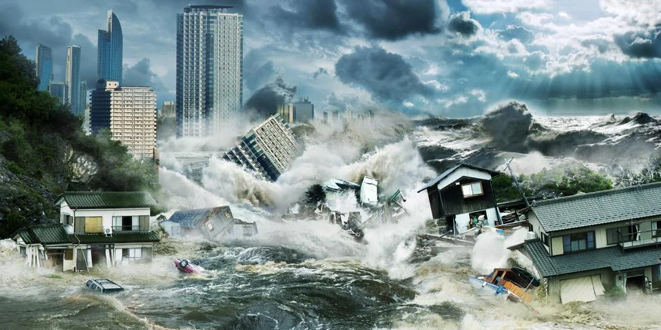 Flooding with big tsunami Stock Photos