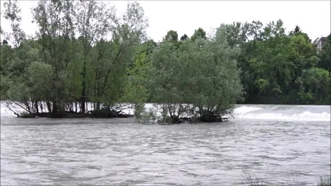 The flooding Dora River flows through a public park in the city of Turin Stock Footage 296173584