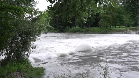 The flooding Dora River flows through a public park in the city of Turin Stock Footage 296173585