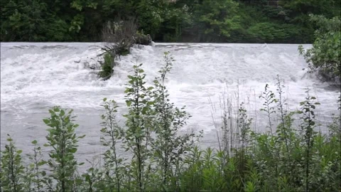The flooding Dora River flows through a public park in the city of Turin Stock Footage 296173587