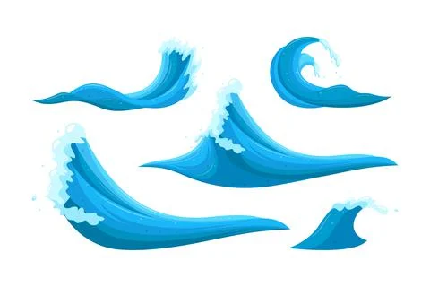Flooding waves and tides elements. Set of waves causing destruction and ruining Stock Illustration