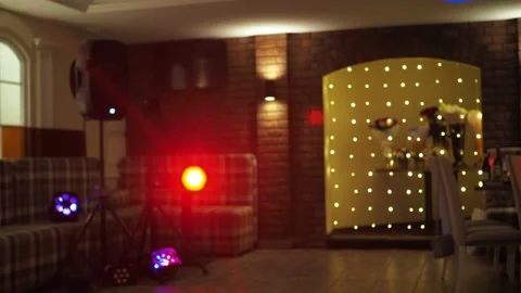 Floodlights and bright lights in the empty banquet hall of the restaurant. a Stock Footage 155064877
