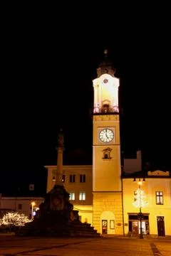 Floodlit clock tower in main square of Banska Bystrica Slovakia Stock Photos
