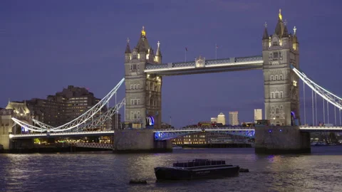 Floodlit Tower Bridge over the River Thames Stock Footage 346690088