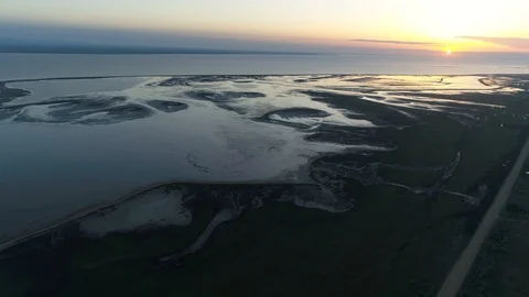 Floodplain Of Lake Sivash. Sunset. Shell coast. Air View. Stock Footage 126277041