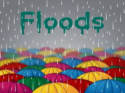 Floods Rain Represents Calamity Overflow And Parasols Illustrazione stock