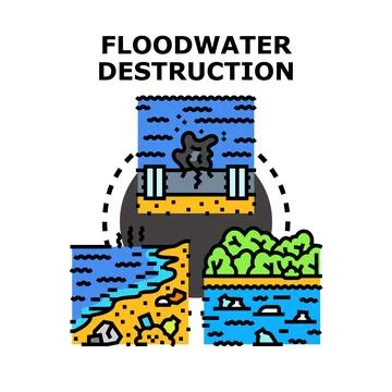 Floodwater destruction causing ecological problems and pollution Stock Illustration