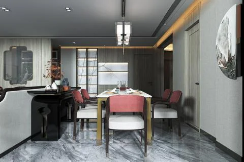 Floor and dining table arrangements for a smart dining room interior design Stock-Illustration