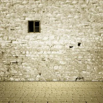 Floor and stone wall with small wooden window Stock Illustration